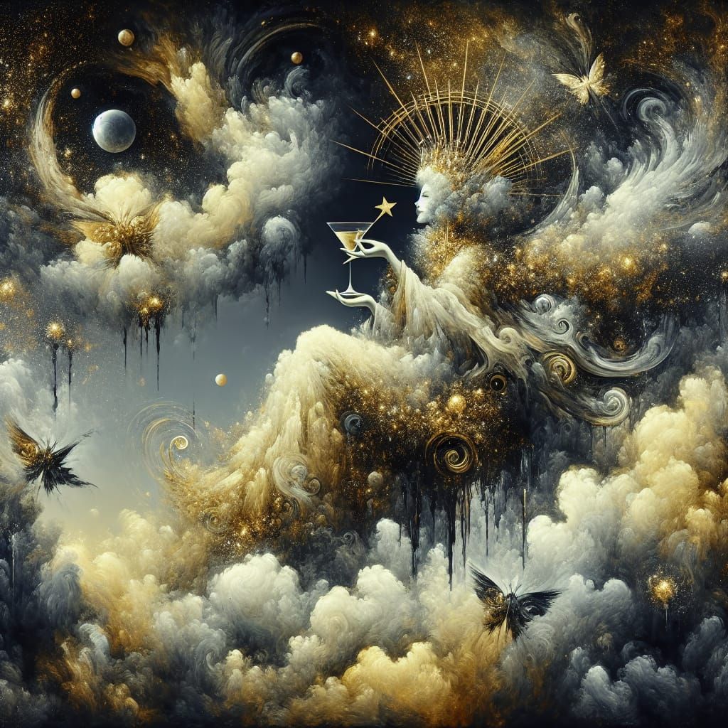 Celestial Star Queen Sipping Martini on Golden Clouds