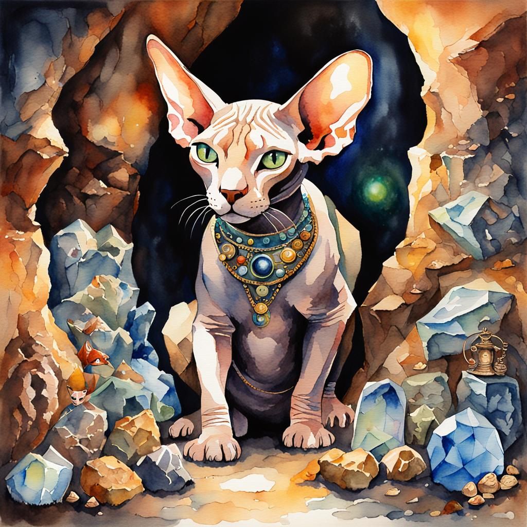 Sphynx in Treasure Cave, Surreal Watercolor Painting