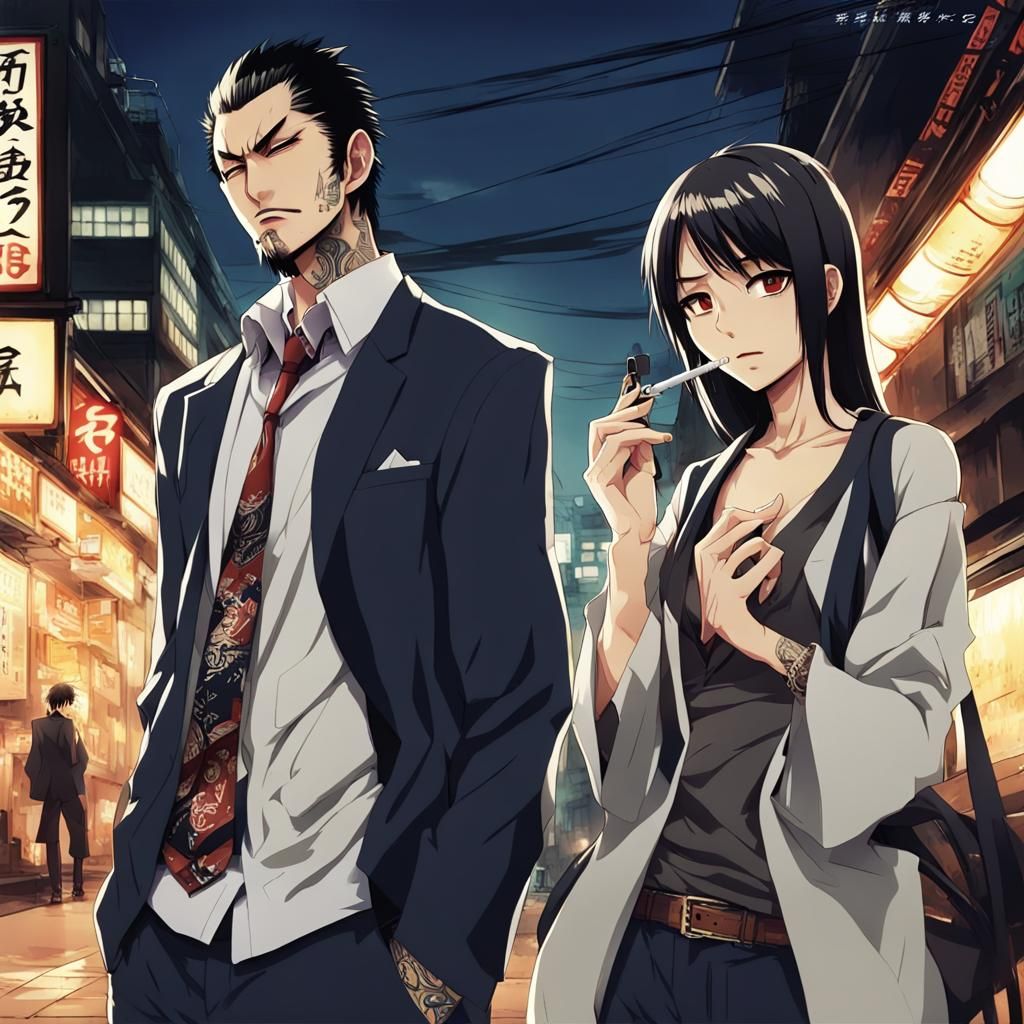 Anime Yakuza Couple Smoking in Town
