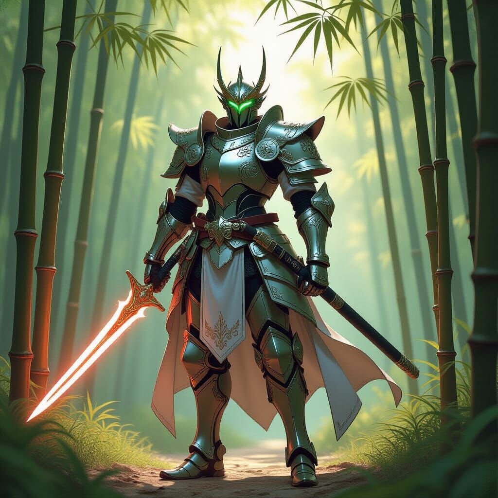Non-Binary Knight in Bamboo Forest, Art Nouveau