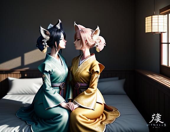 Kitsune Intimacy: 3D Manga-Style Kiss in Bedroom