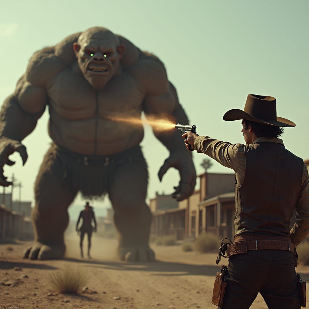 Cowboy in Ghost Town Shoots a Monster: Cinematic Film Still