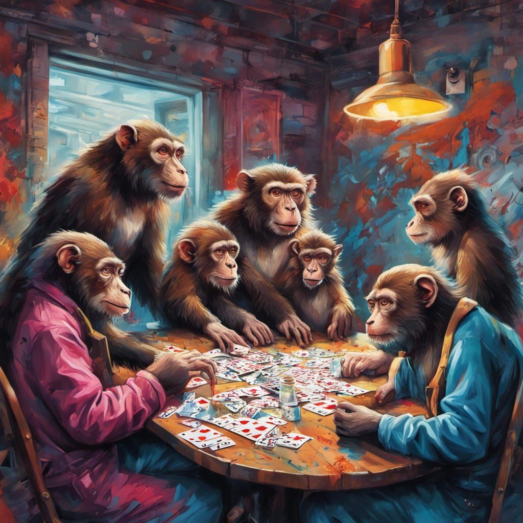 Monkeys Playing Cards with Bear in Graffiti Art