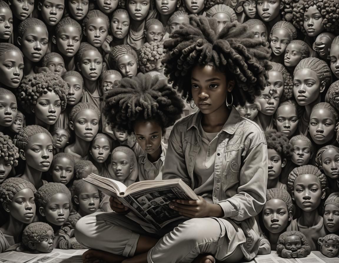 Girl Reading with Afro Puffs in Hyper-Realistic Art