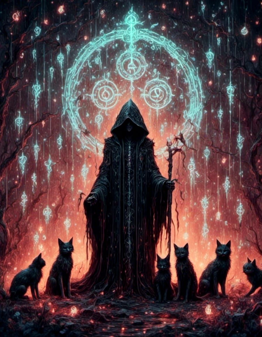 Grim Reaper Cuddling Kitties with Runes