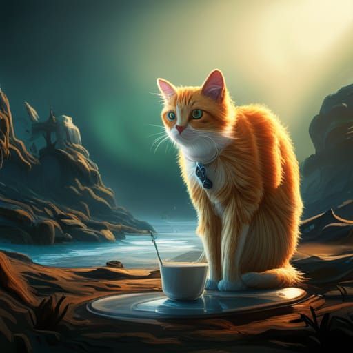 Cat Drinking Milk in Detailed Matte Painting