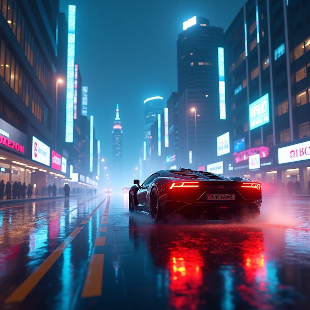 Neon Sports Car in Rainy Cyberpunk Cityscape