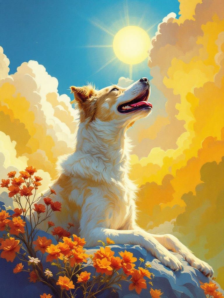 A Dog Greets the Sun in Luminous Mid-Century Style