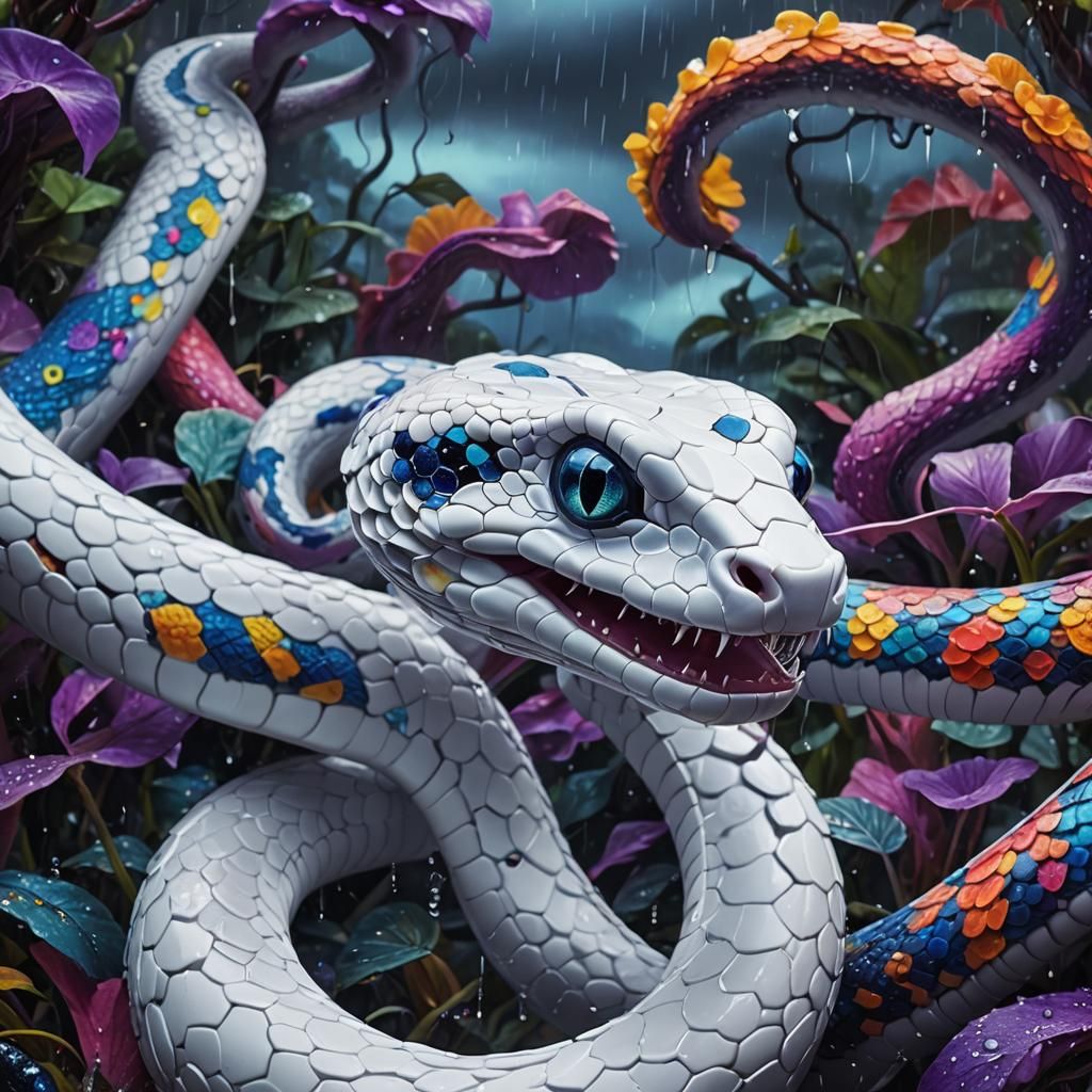 Psychedelic Snake in Rainy Surrealist Landscape
