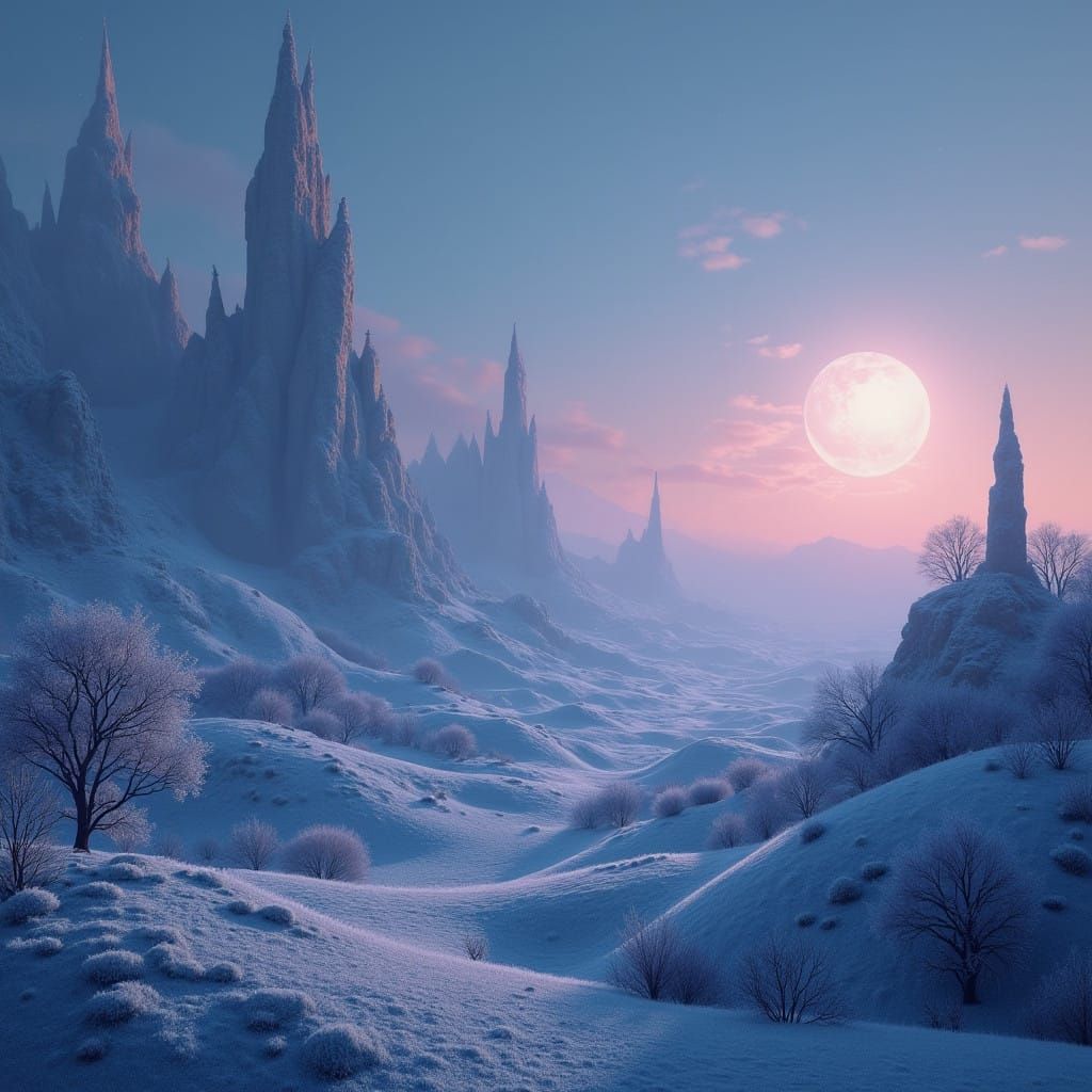 Surreal Frosting Landscape with a Crescent Moon