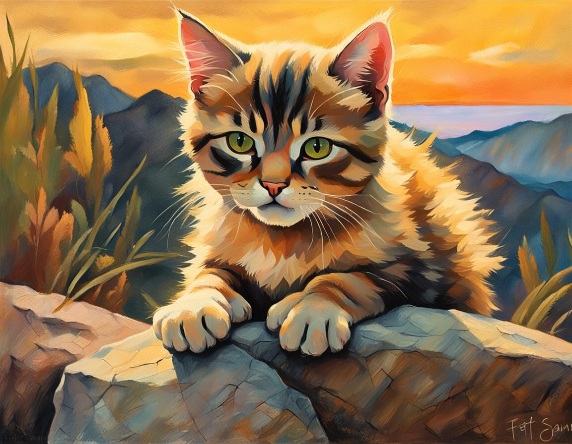 Grumpy Kitten Portrait at Desert Sunset in Neo-Primitivism