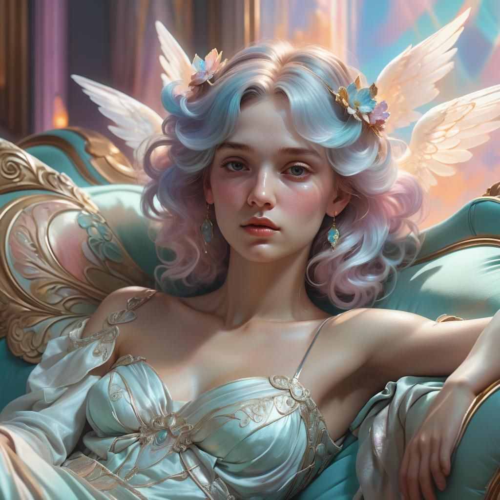 Angelic Being on Ethereal Sofa: Pastel Painting