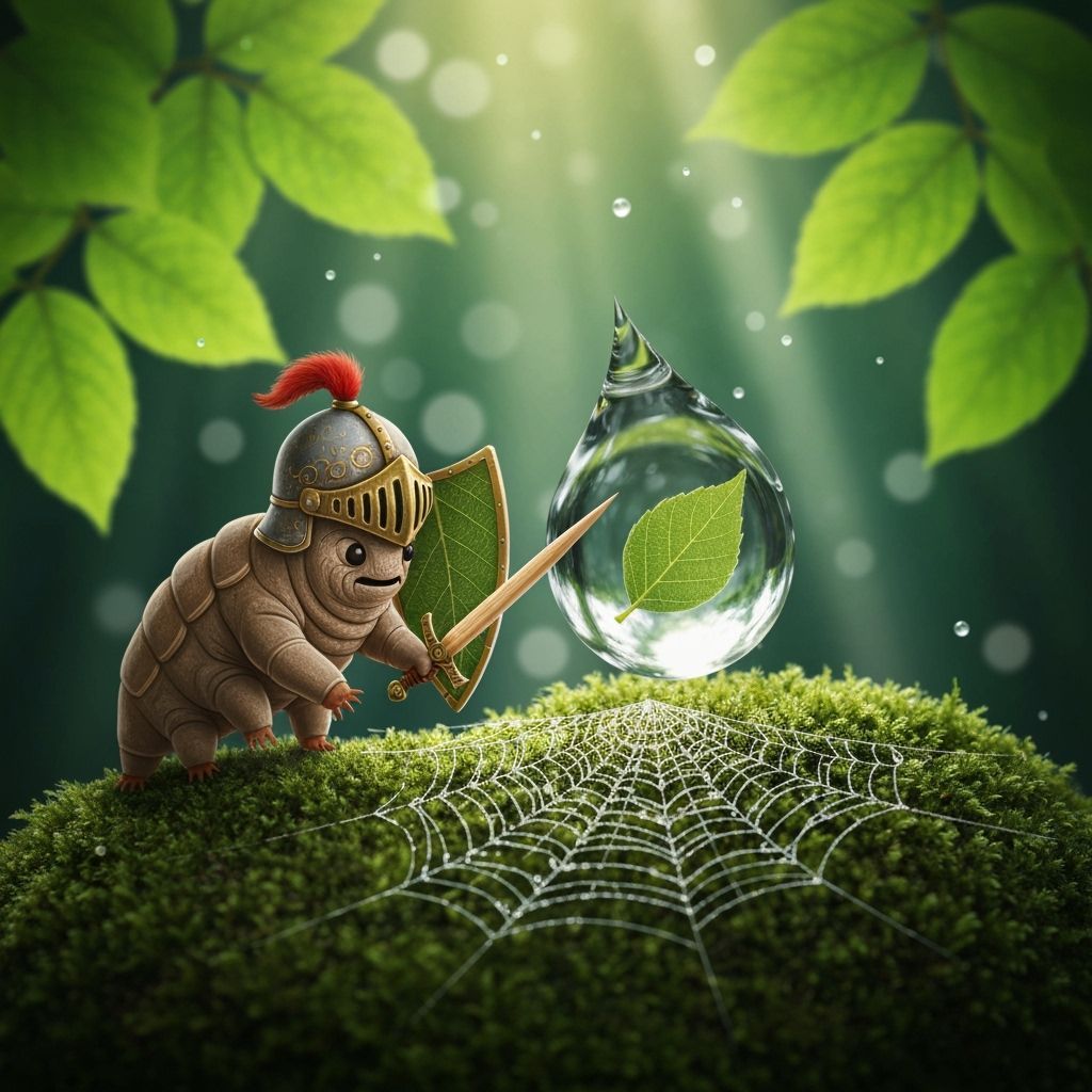 Tardigrade Knight Facing Giant Water Drop in Whimsical Style