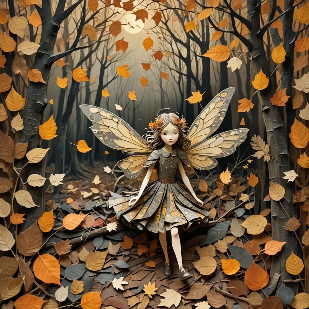 Fairy in Autumn Woods Paper Collage Art