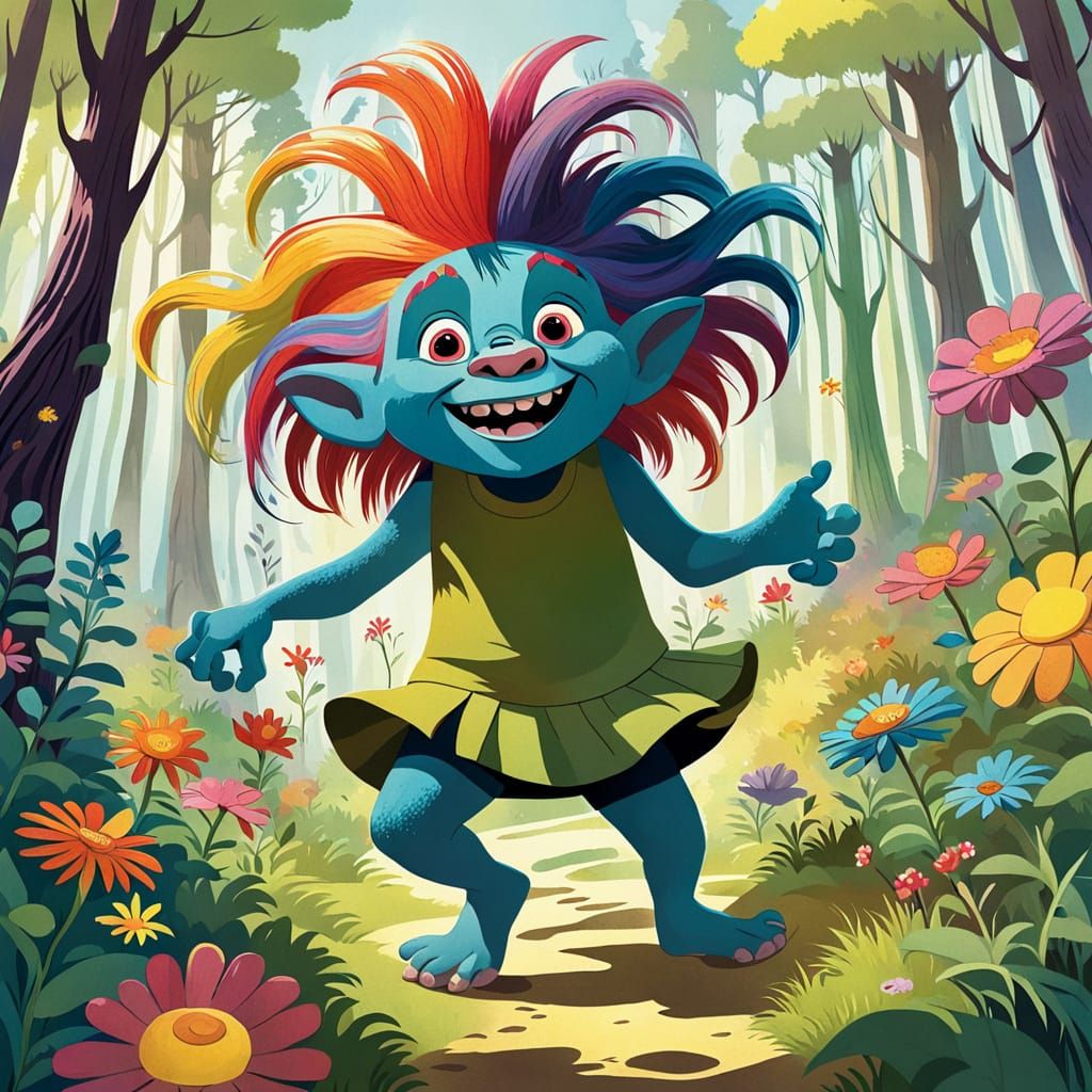 Rainbow Troll Dances Through Whimsical Forest in Mary Blair ...