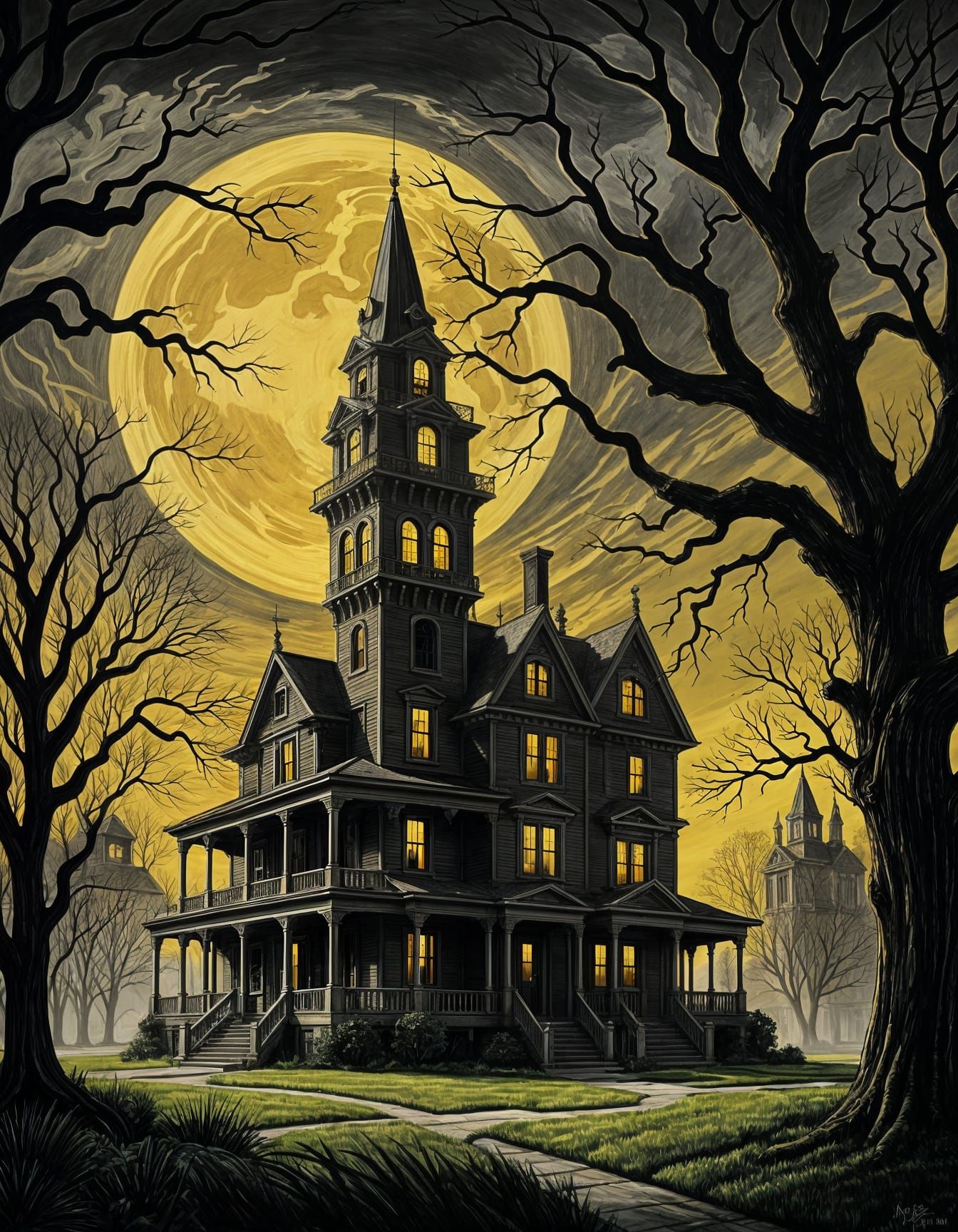 Dunwich Horror Scene in Black and Yellow