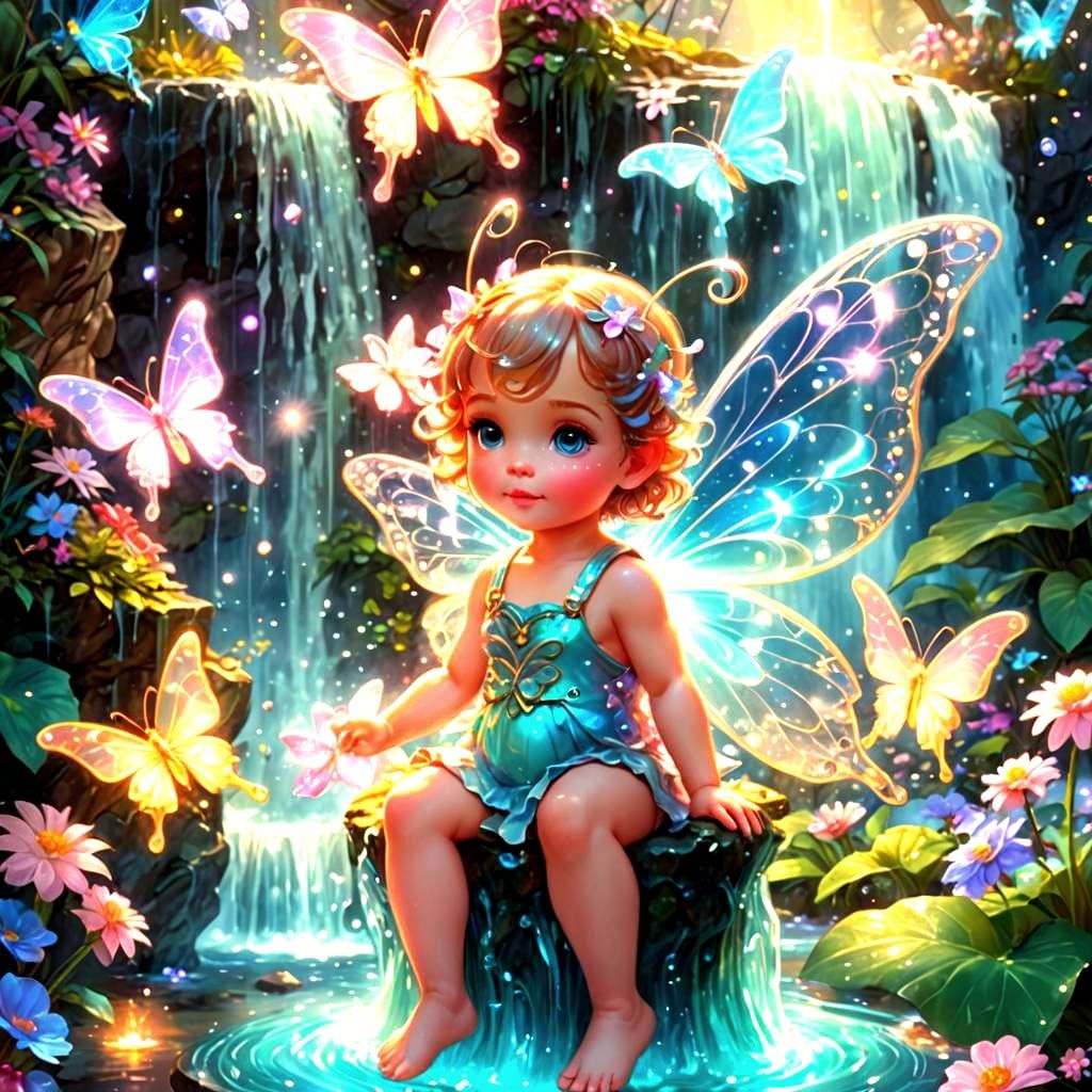 Chibi Fairy with Bioluminescent Butterflies in Garden