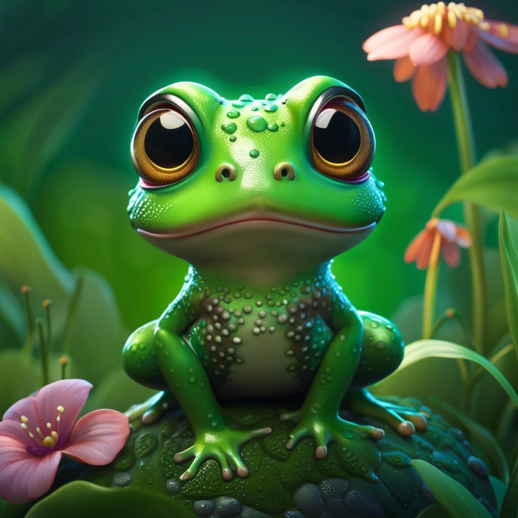 Cute Chibi Frog with Green Background