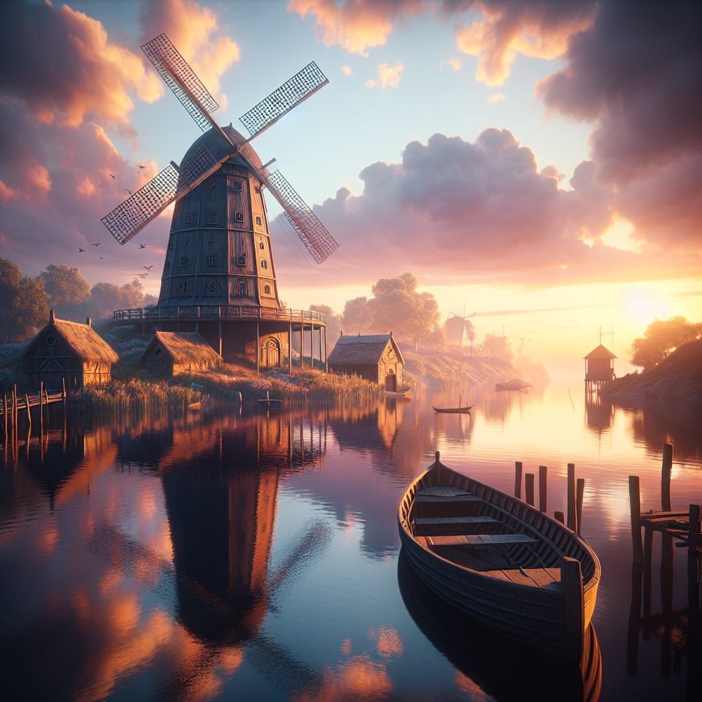 Dreamy Windmill Scene at Sunset with Magical Atmosphere
