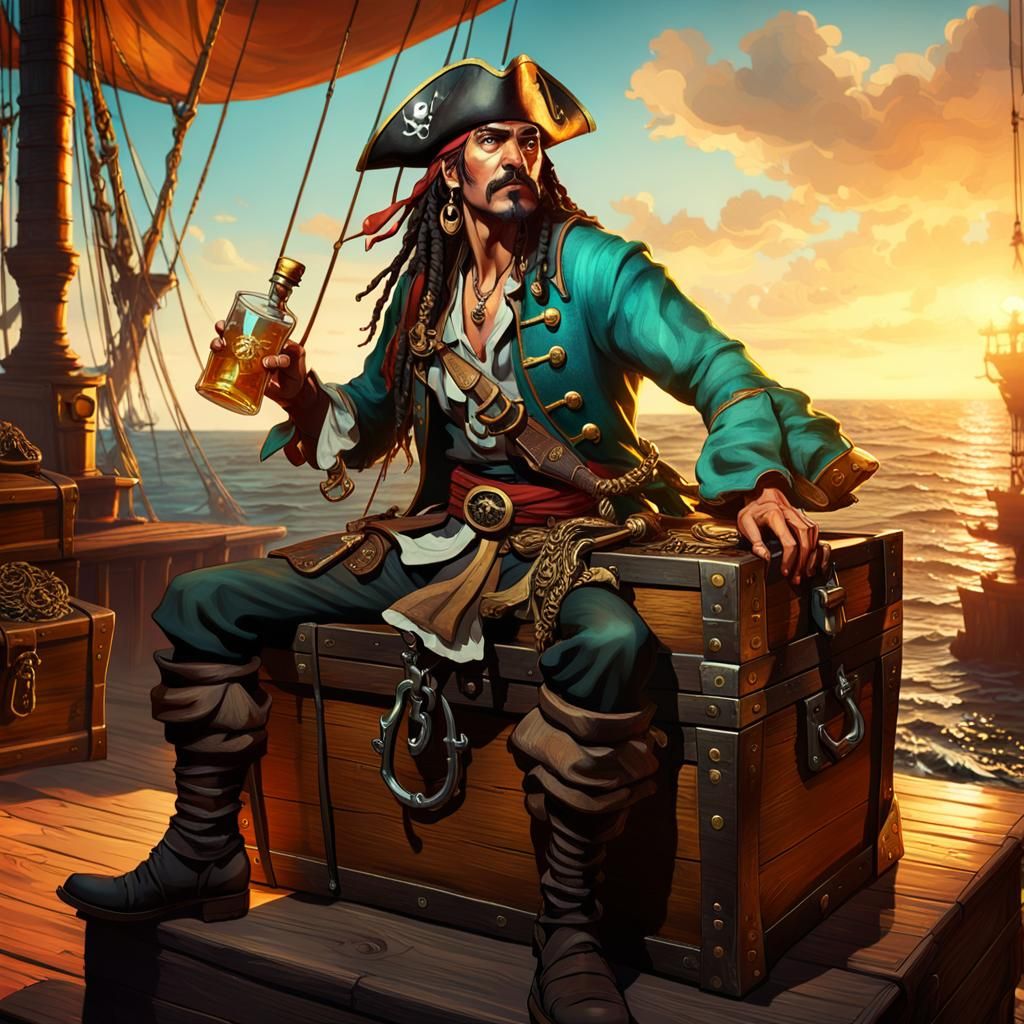 Pirate Guarding Treasure Chest in Art Nouveau Style