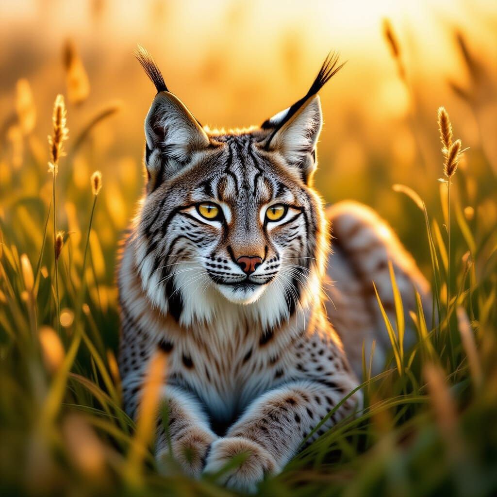 Lynx in Tall Grass, Photorealistic Digital Art