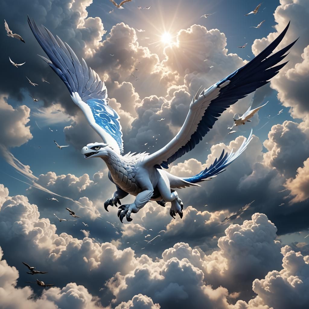 Lugia Soaring Through Clouds in Fantasy Art