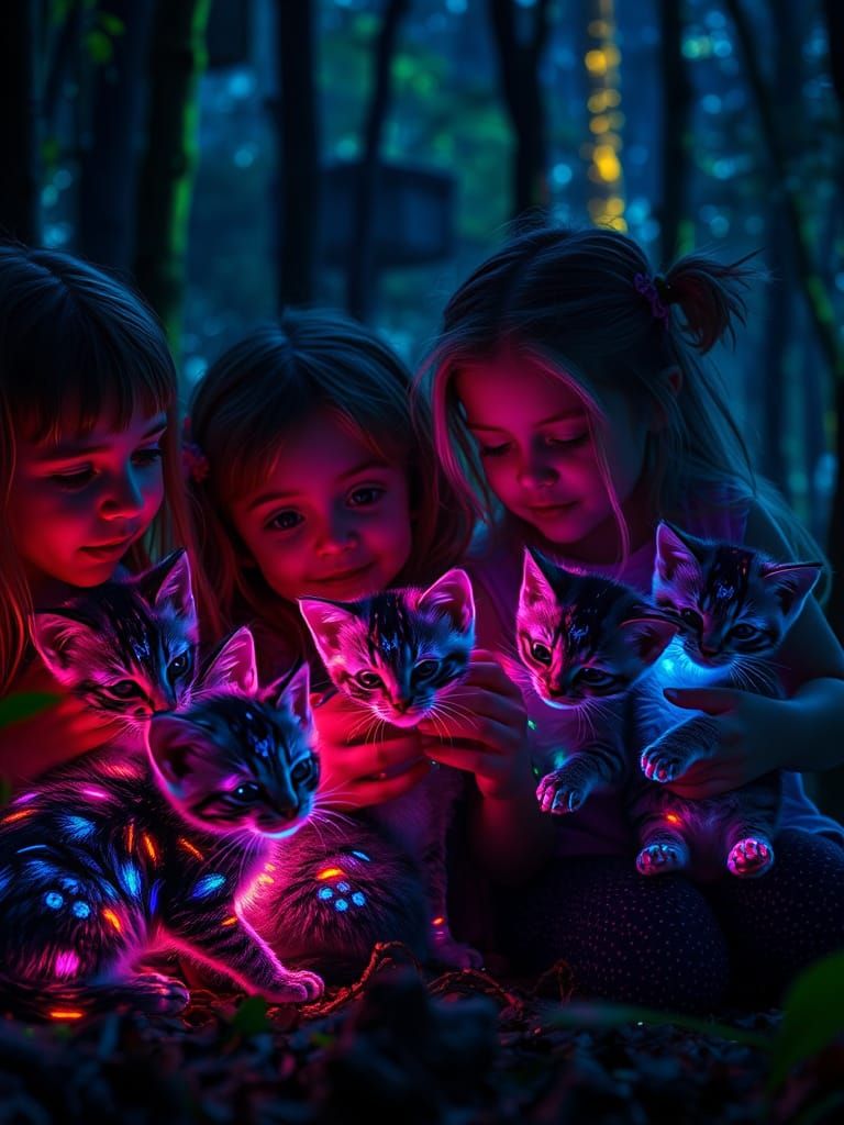 Dreamlike Night Forest Scene with Glowing Kittens