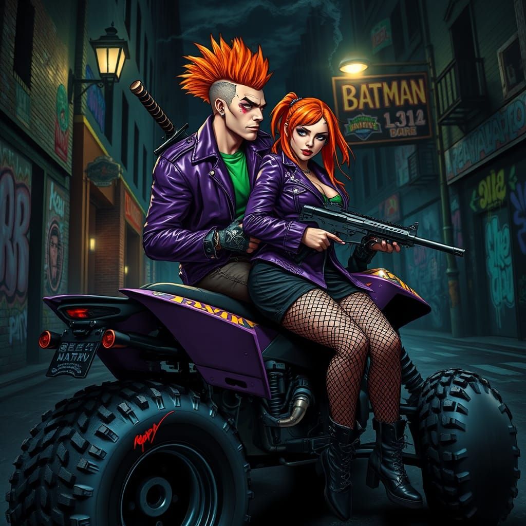 Punk Clowns on Quad Bike in Gotham City
