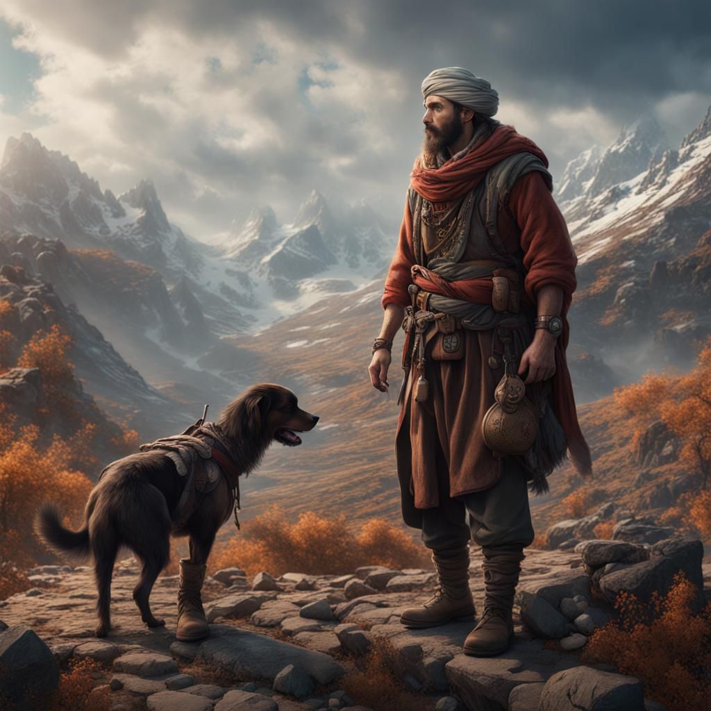 Kurdish Man with Dog in Mountain Landscape