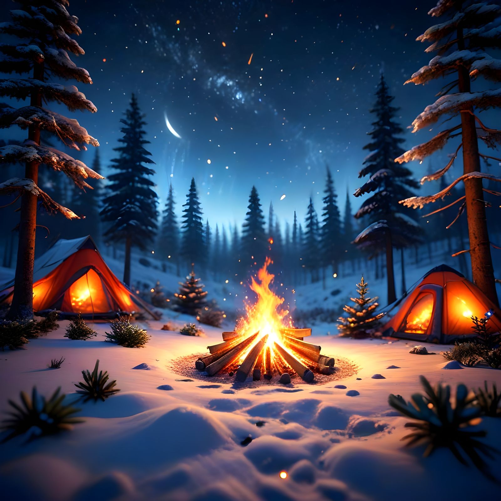 Winter Campsite Glows with Ethereal Light under Starry Night