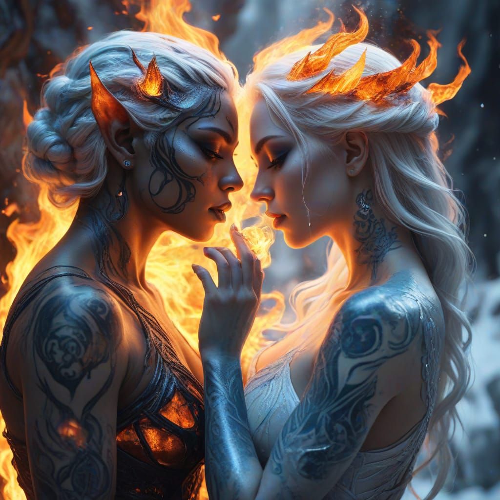 Fantasy Elemental Lovers in a Fiery Kiss