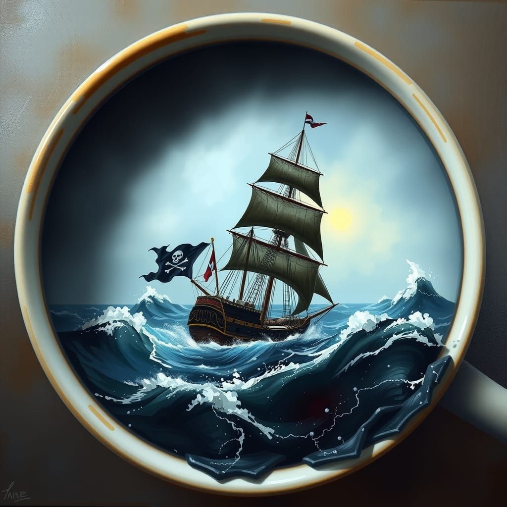 Pirate Ship in Coffee Cup: Aivazovsky-Style Painting