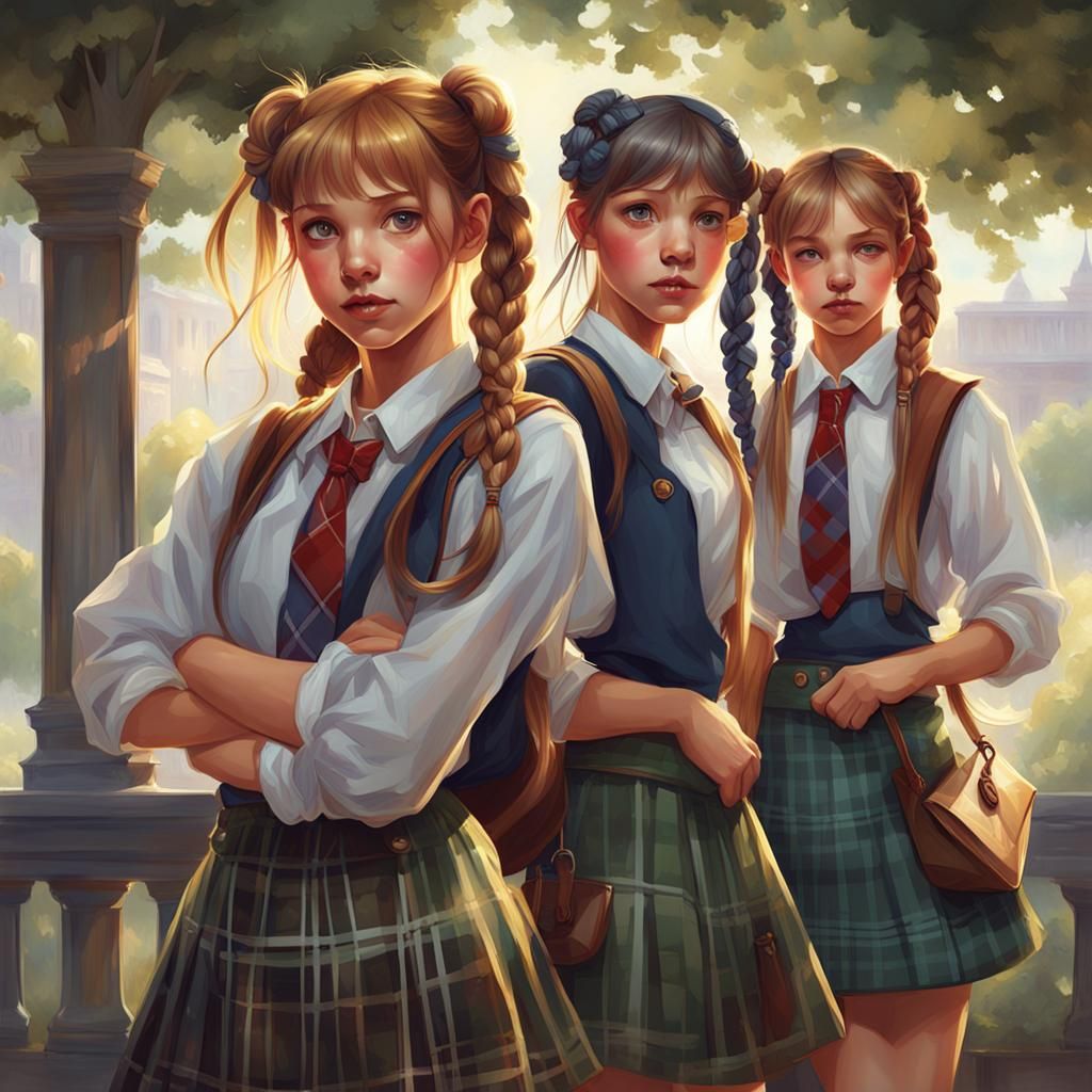 College Schoolgirls Portrait in Art Nouveau Style