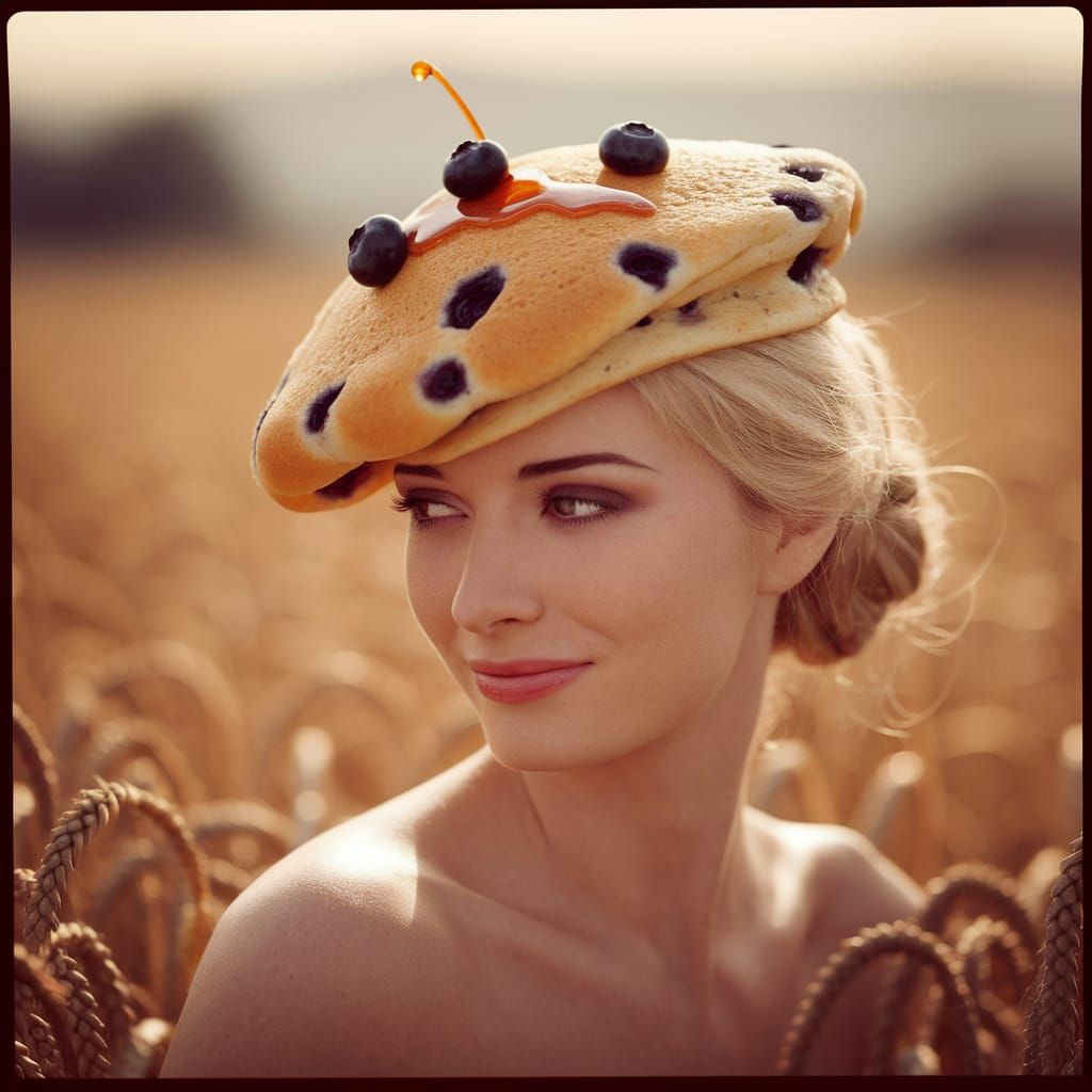Supermodel Wears Blueberry Pancake Beret in Wheat Field