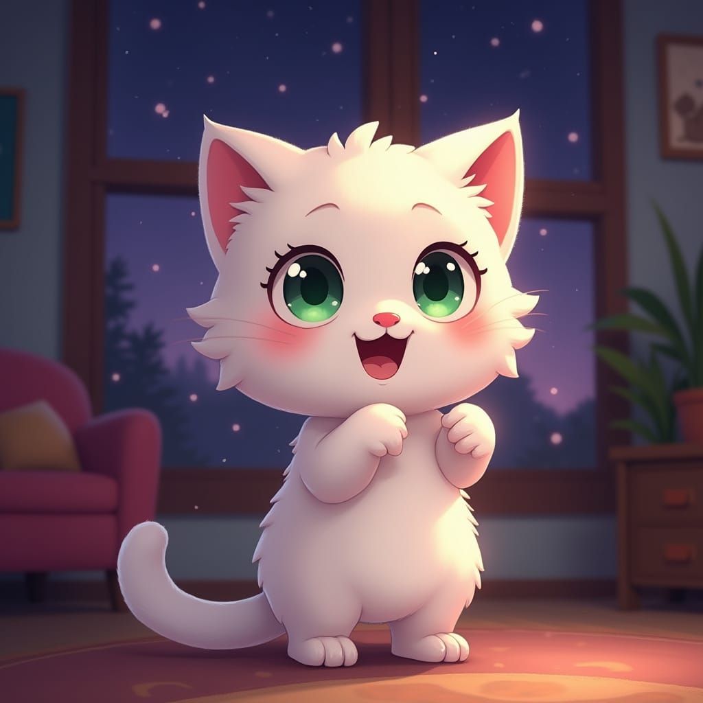 Cute Cartoon Cat Stands Up on Hind Legs in Cozy Living Room