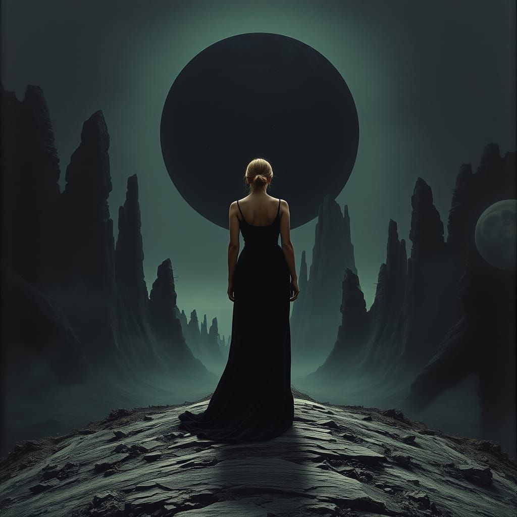 Woman in Black Dress Under Distorted Reality Sun