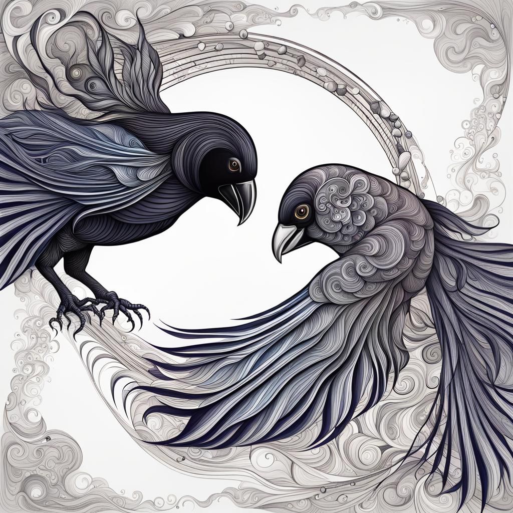 Crow and Betta Fish in Love: Abstract Digital Art