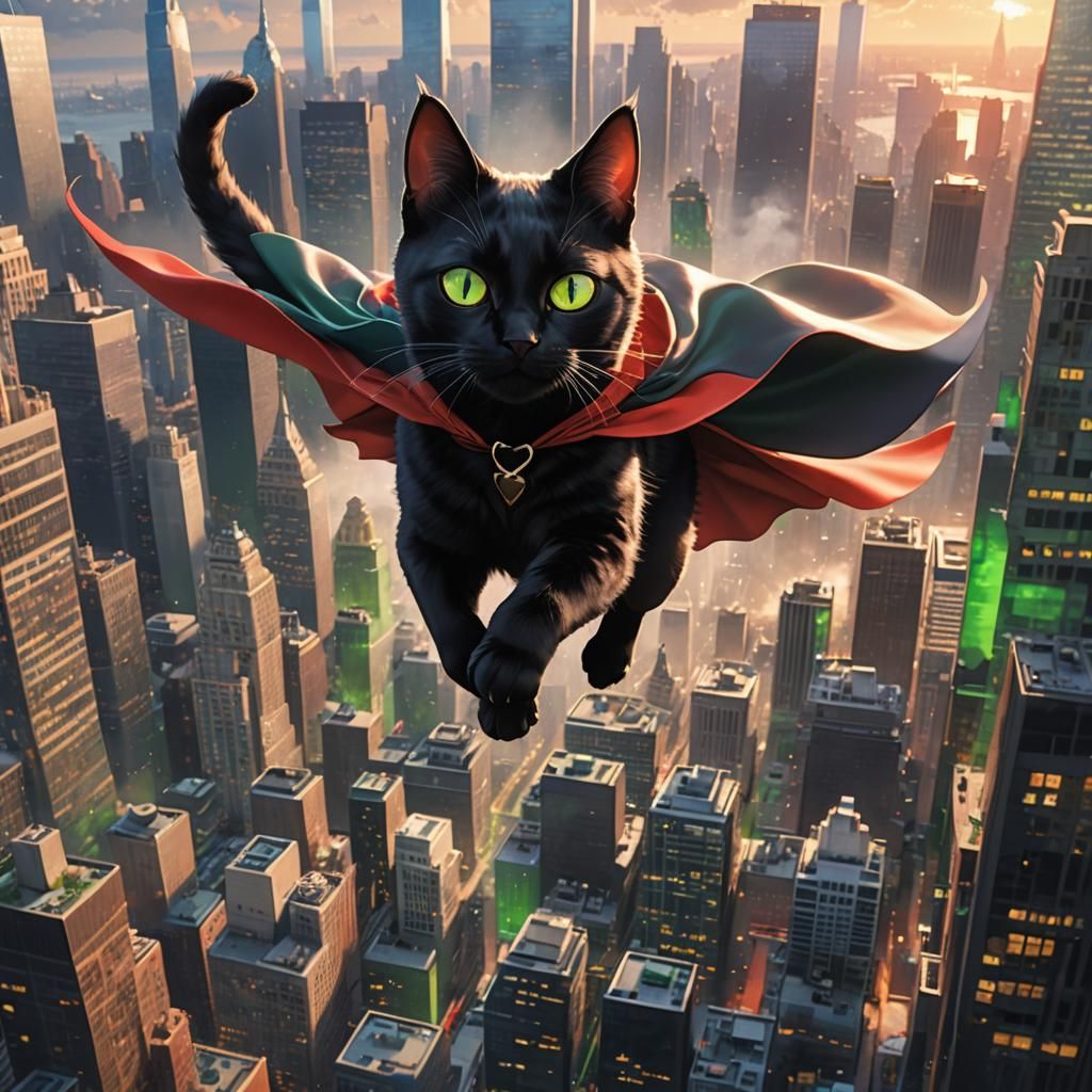 Anime Black Cat Soaring Over New York City