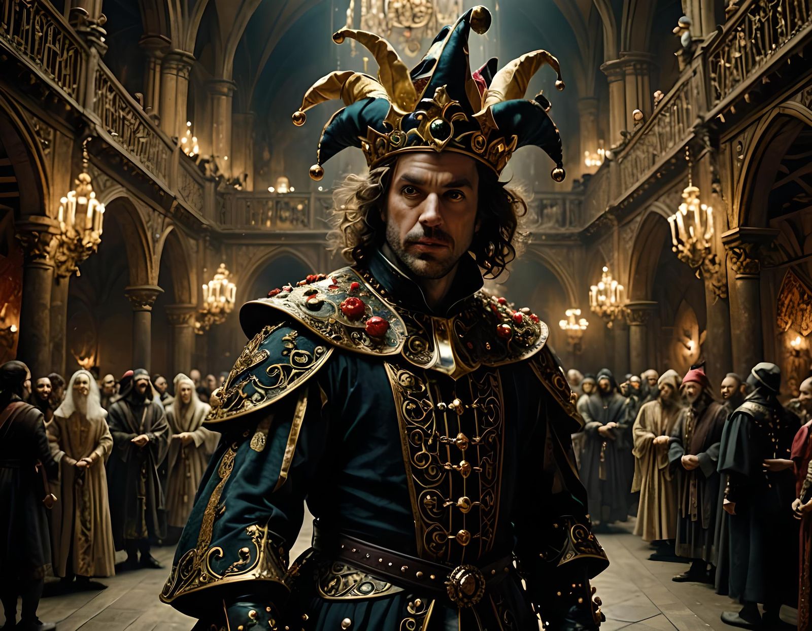 Mystical Court Jester in Medieval Party Hall