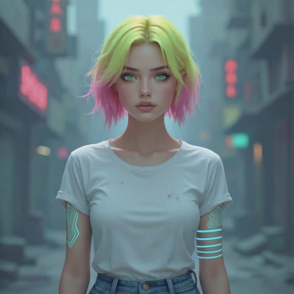 Dystopian Woman With Neon Hair in Fantasy World