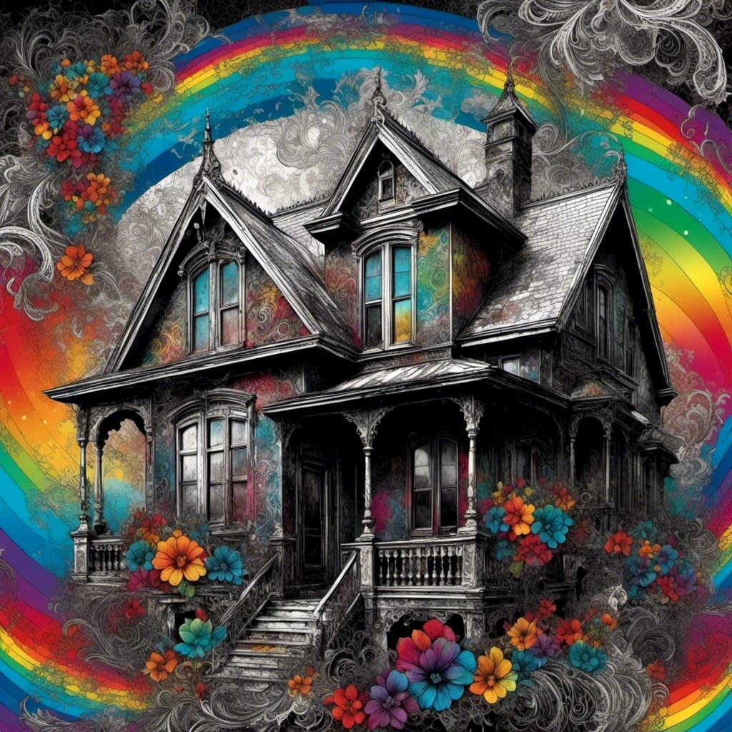 Black Rainbow House with Lace Flowers