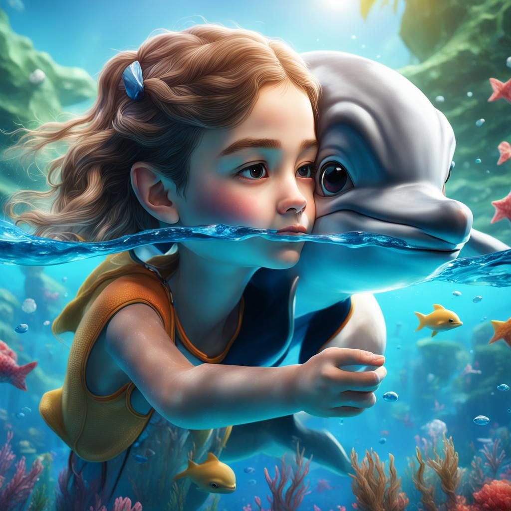 Girl Kissing Dolphin: Detailed Matte Painting