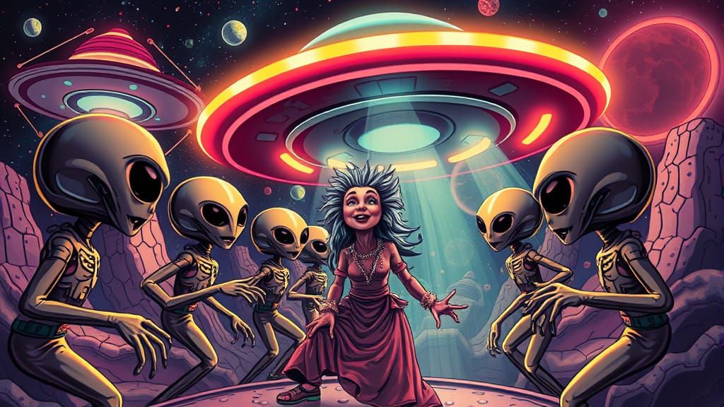 Retro-Futuristic Aliens Beam Up Grandma