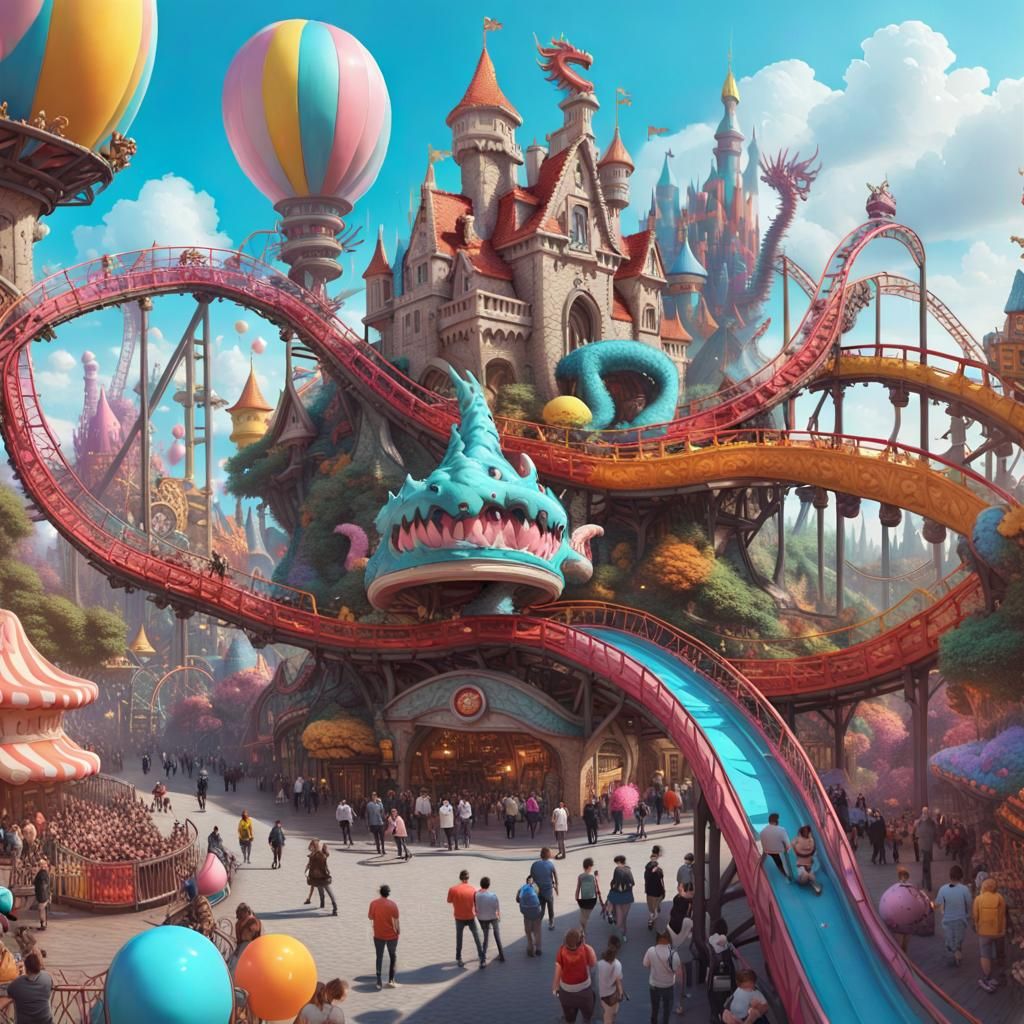 Theme Park with Monster Rollercoaster, Digital Art