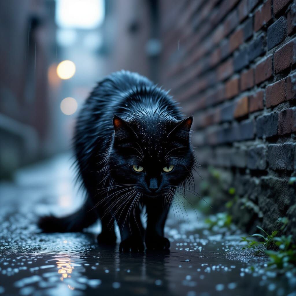 Melancholy Black Cat in Rain-Soaked Alley