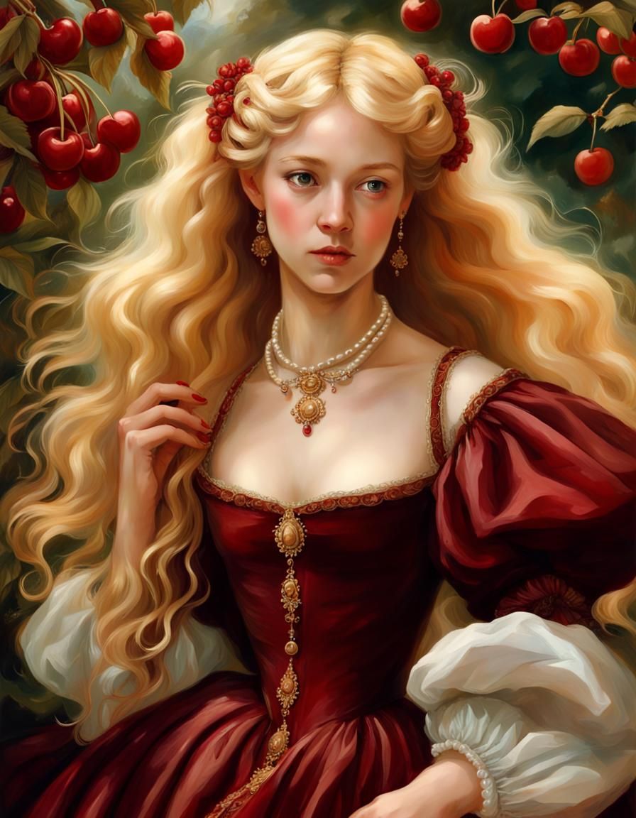 Renaissance Woman in Red Dress in Cherry Garden
