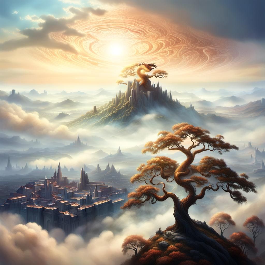 Dragon Perched Atop Mystical Tree in Cityscape