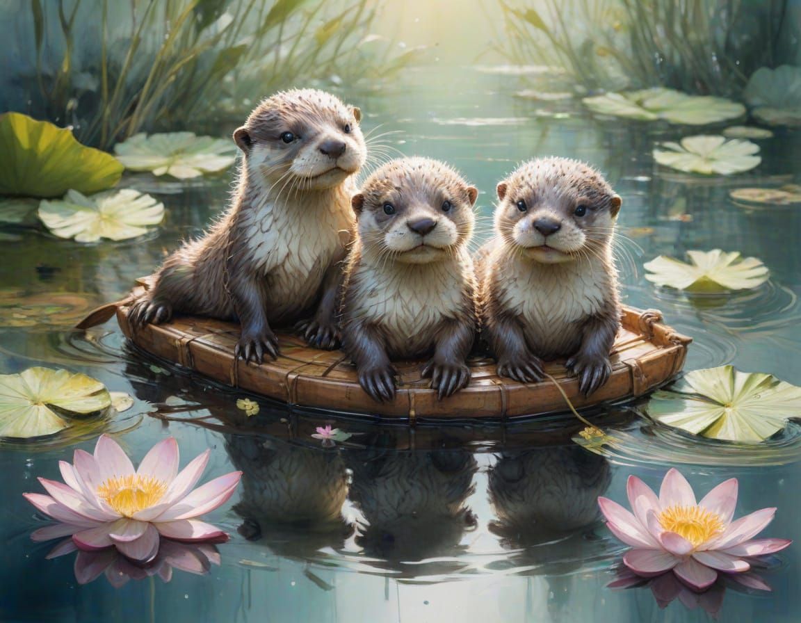 Playful Otter Pups on Water Lilies in Watercolour