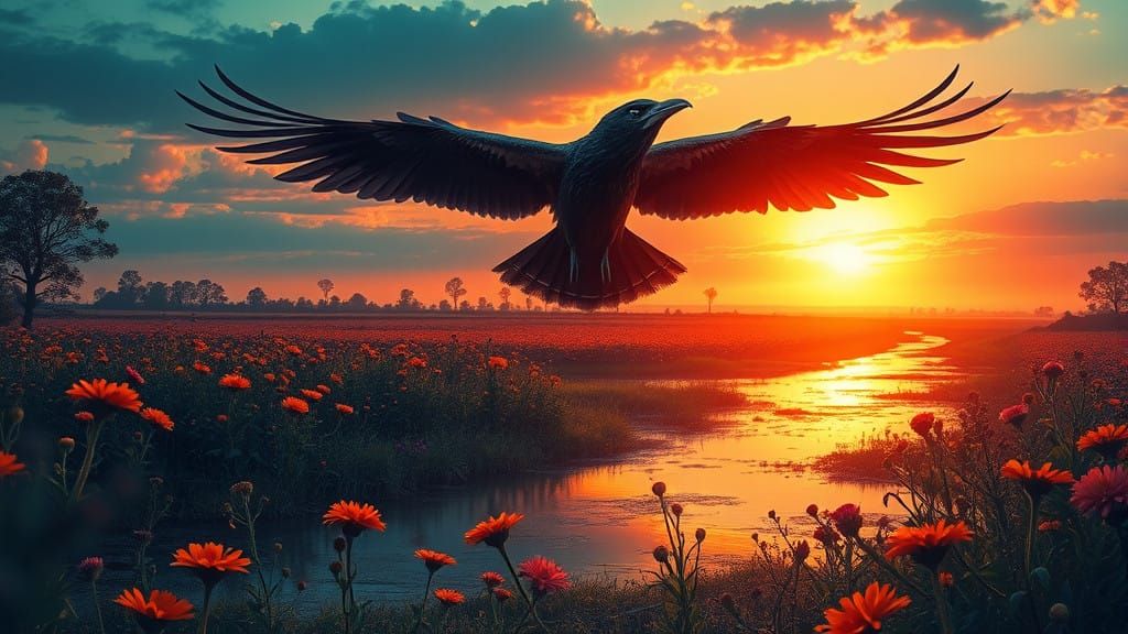 Cyberpunk Sunset with Majestic Bird and Wildflowers
