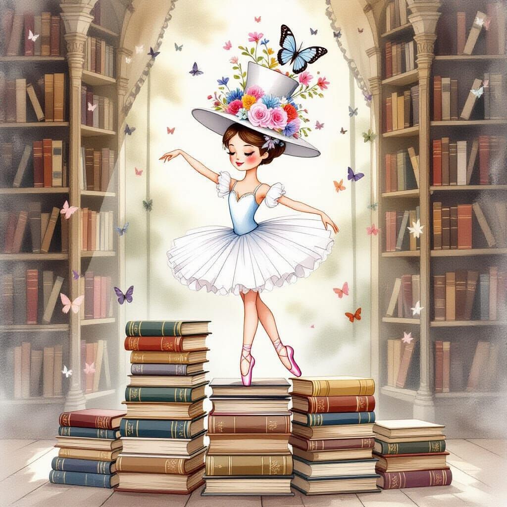 Whimsical Ballerina on Book Stage in Watercolor Style